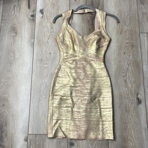 Herve Leger Rose Gold Foil Iman Bandage Dress Size XS
